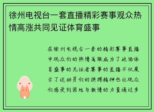徐州电视台一套直播精彩赛事观众热情高涨共同见证体育盛事